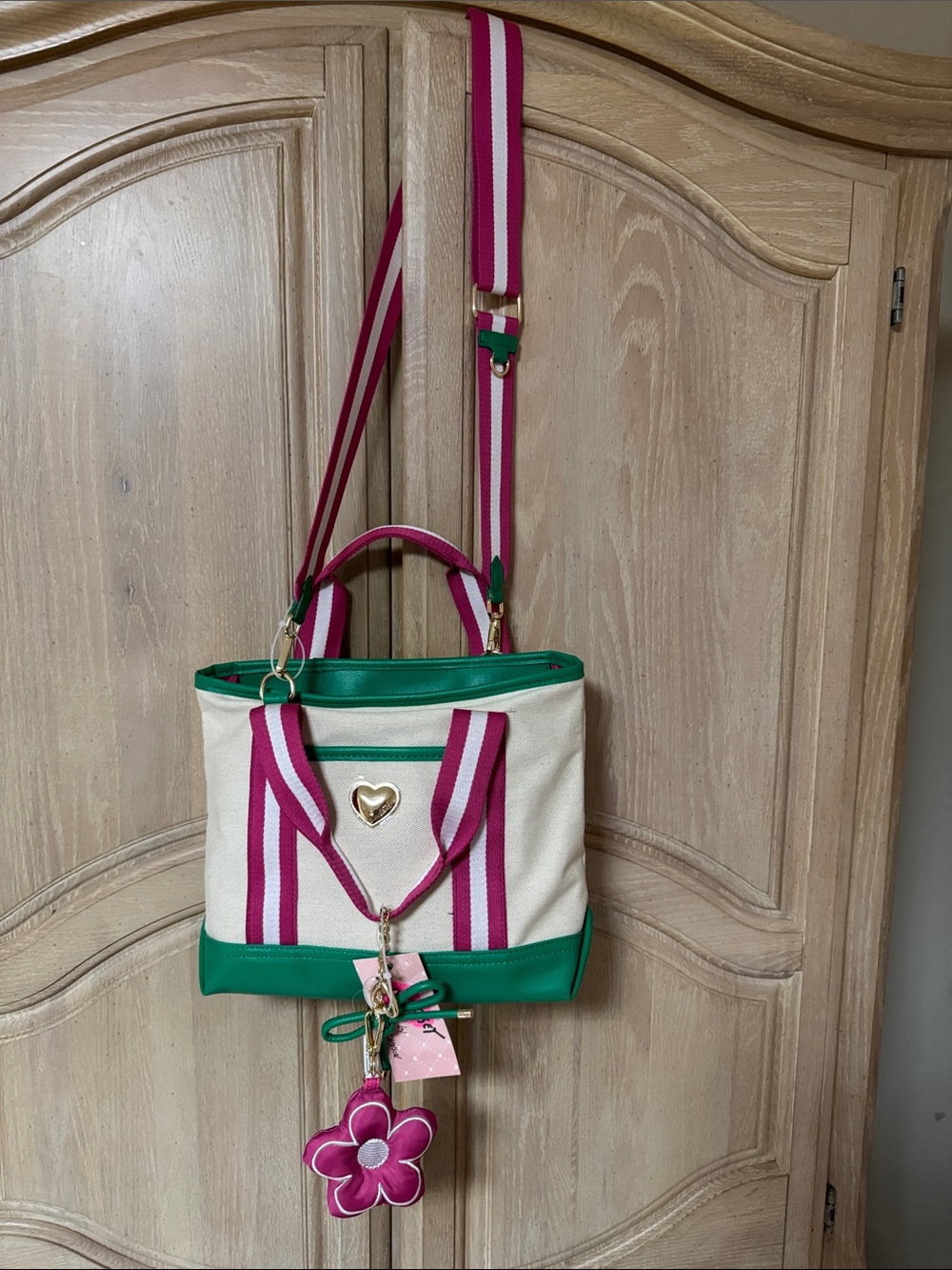 NEW Canvas & Green Trim Tote with Pink Straps - Women's Bag